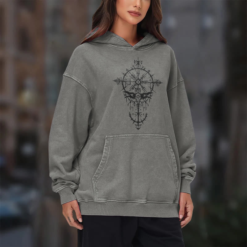 WorldNorse Tribal Bird & Viking Design Washed Hoodie