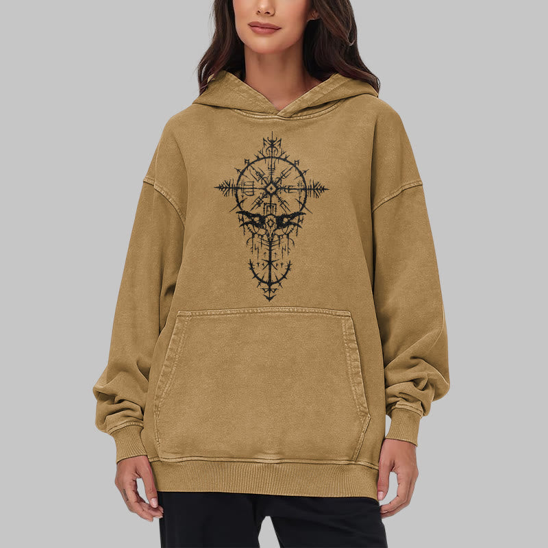 WorldNorse Tribal Bird & Viking Design Washed Hoodie