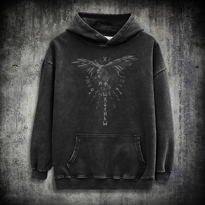 WorldNorse Raven Eagle Graphic Washed Hoodie - Black - 3XL - image 0
