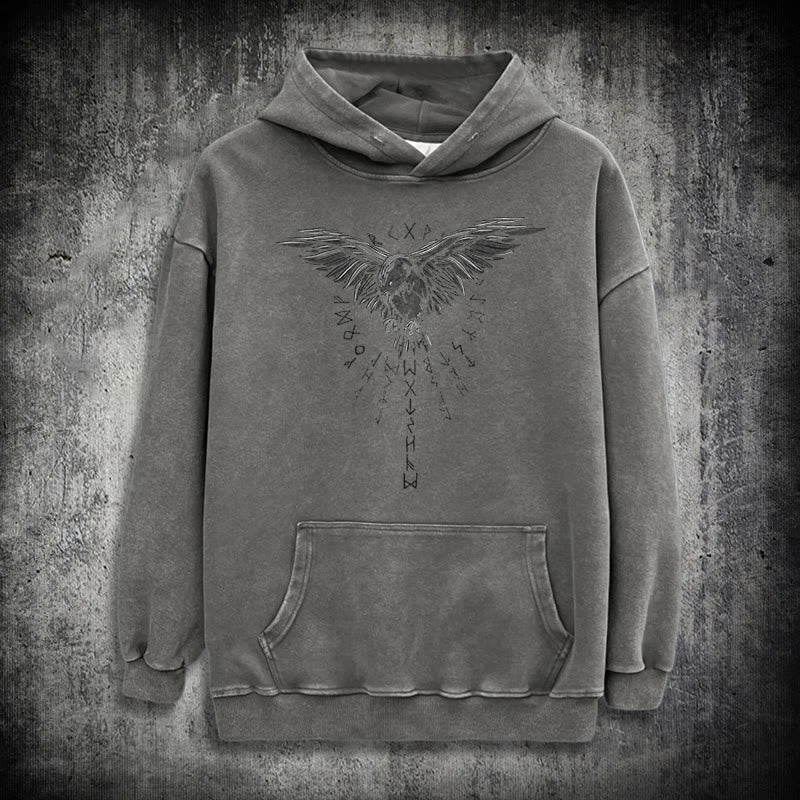 WorldNorse Raven Eagle Graphic Washed Hoodie - Grey - 3XL - image 12