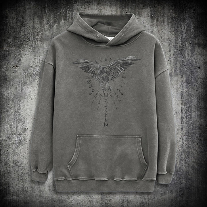 WorldNorse Raven Eagle Graphic Washed Hoodie - Grey - 3XL - image 12