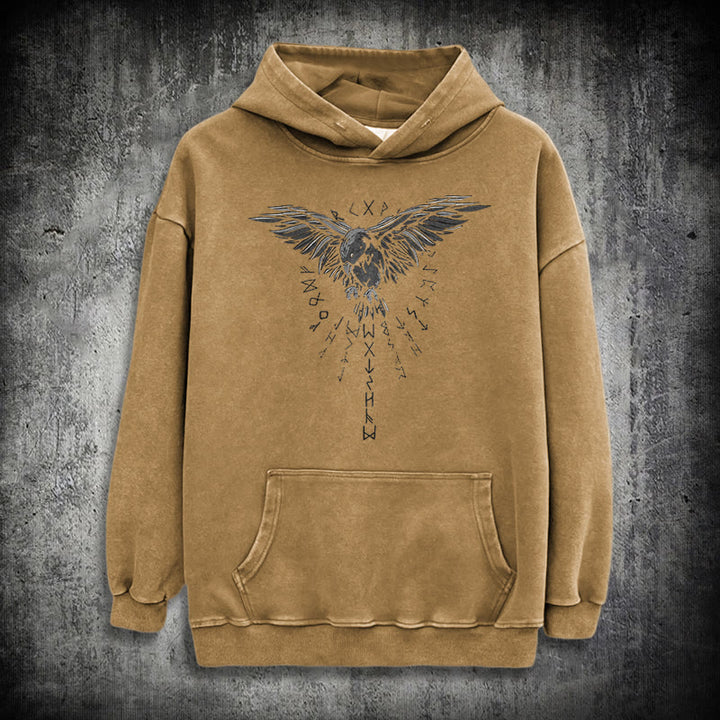 WorldNorse Raven Eagle Graphic Washed Hoodie