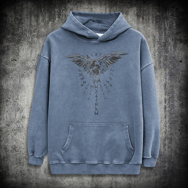 WorldNorse Raven Eagle Graphic Washed Hoodie - Blue - 3XL - image 19