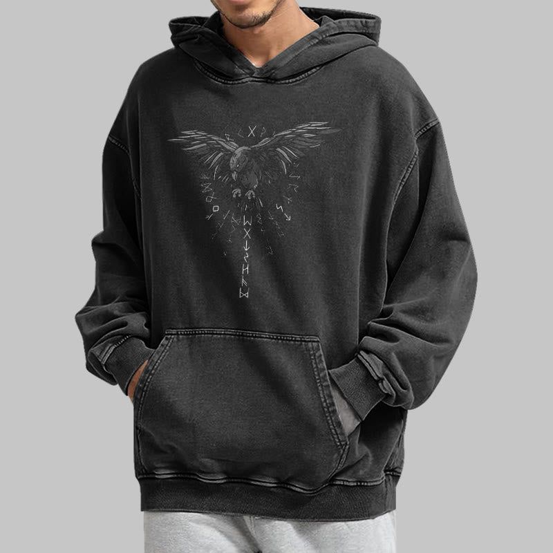 WorldNorse Raven Eagle Graphic Washed Hoodie