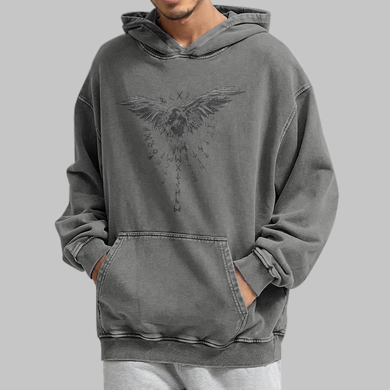 WorldNorse Raven Eagle Graphic Washed Hoodie