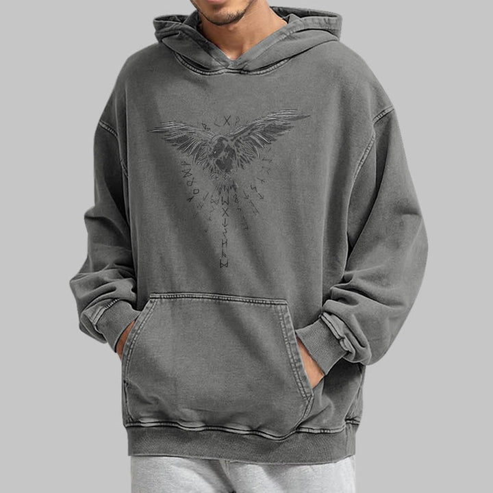 WorldNorse Raven Eagle Graphic Washed Hoodie