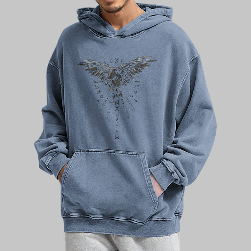 WorldNorse Raven Eagle Graphic Washed Hoodie