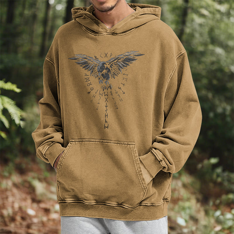 WorldNorse Raven Eagle Graphic Washed Hoodie