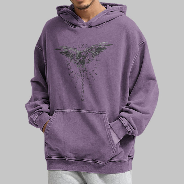 WorldNorse Raven Eagle Graphic Washed Hoodie