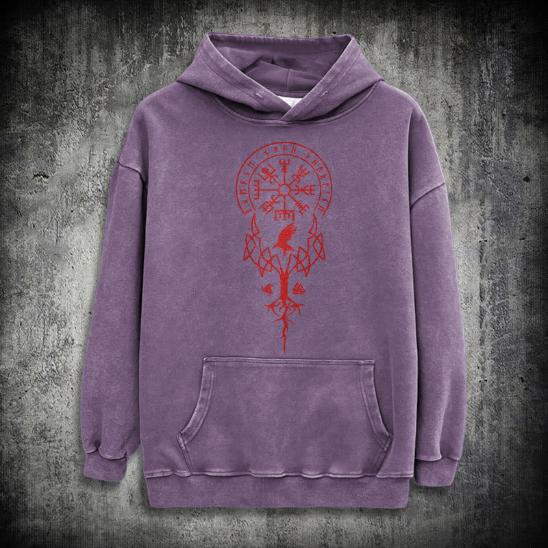 WorldNorse Yggdrasil Red Runes Viking Washed Hoodie - Purple - 3XL - image 34