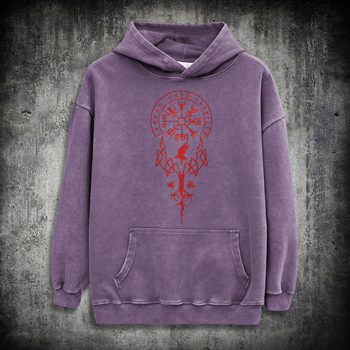 WorldNorse Yggdrasil Red Runes Viking Washed Hoodie - Purple - 3XL - image 34