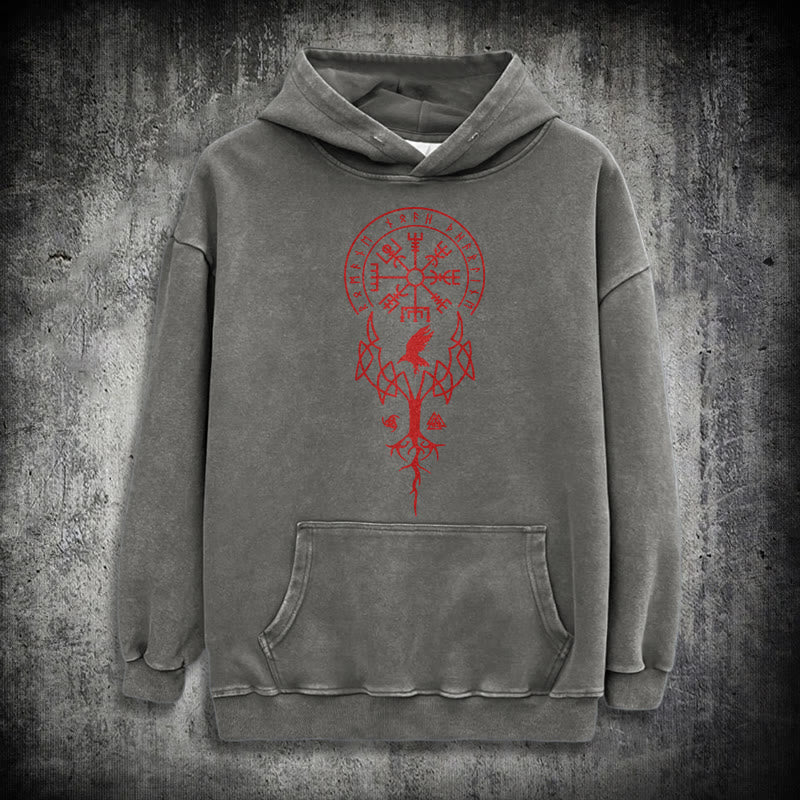 WorldNorse Yggdrasil Red Runes Viking Washed Hoodie