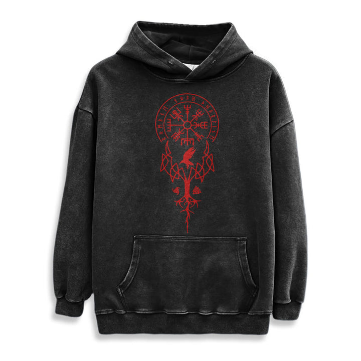 WorldNorse Yggdrasil Red Runes Viking Washed Hoodie