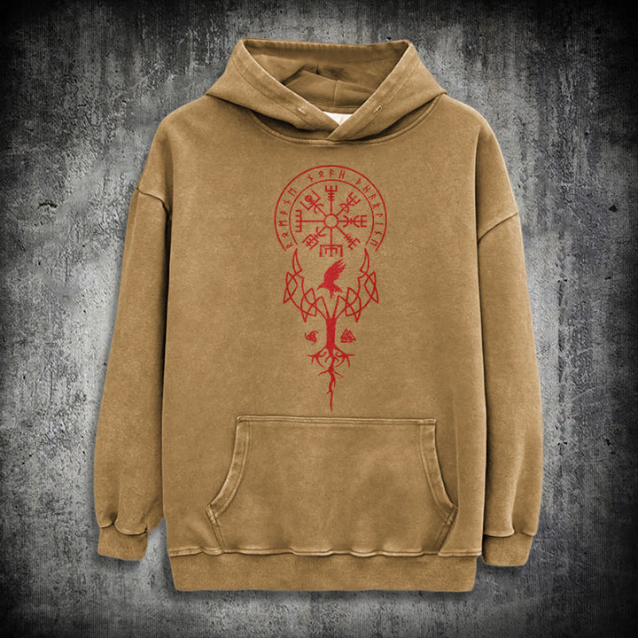 WorldNorse Yggdrasil Red Runes Viking Washed Hoodie - Khaki - 3XL - image 26