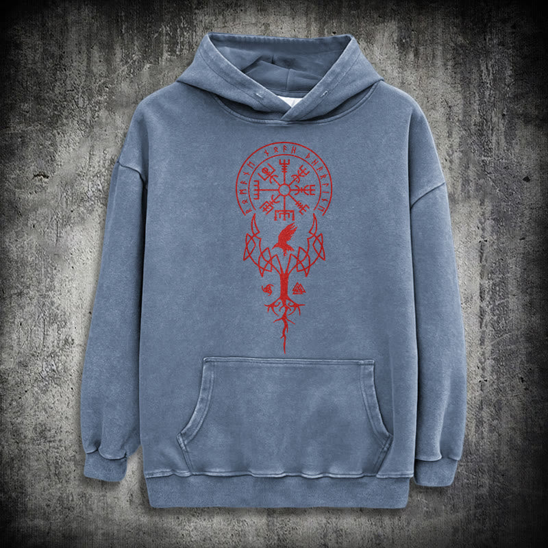 WorldNorse Yggdrasil Red Runes Viking Washed Hoodie - Blue - 3XL - image 19