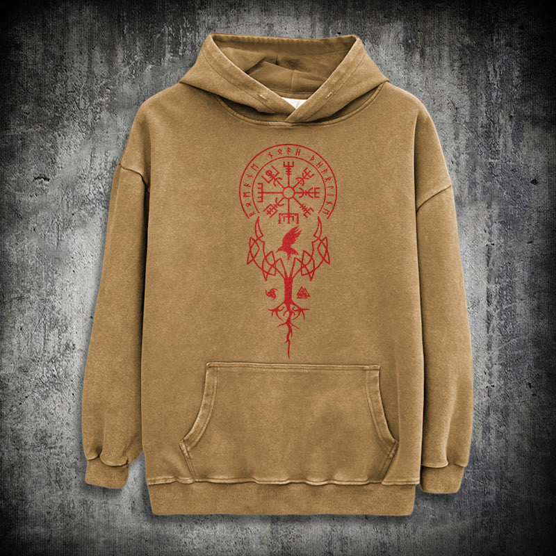 WorldNorse Yggdrasil Red Runes Viking Washed Hoodie