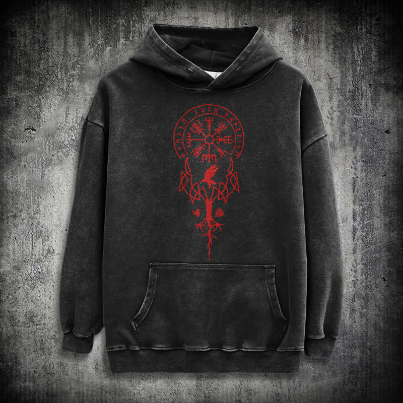WorldNorse Yggdrasil Red Runes Viking Washed Hoodie - Black - 3XL - image 0