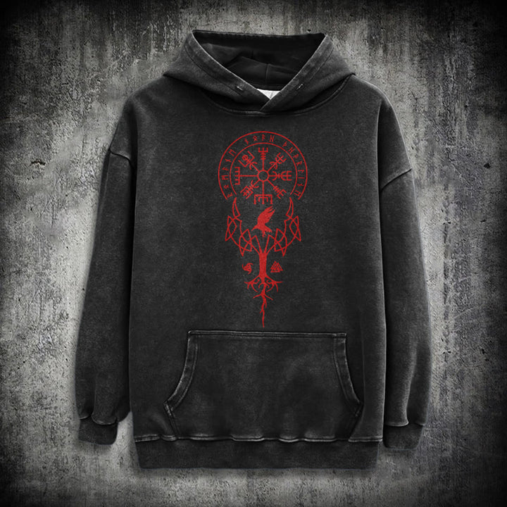 WorldNorse Yggdrasil Red Runes Viking Washed Hoodie