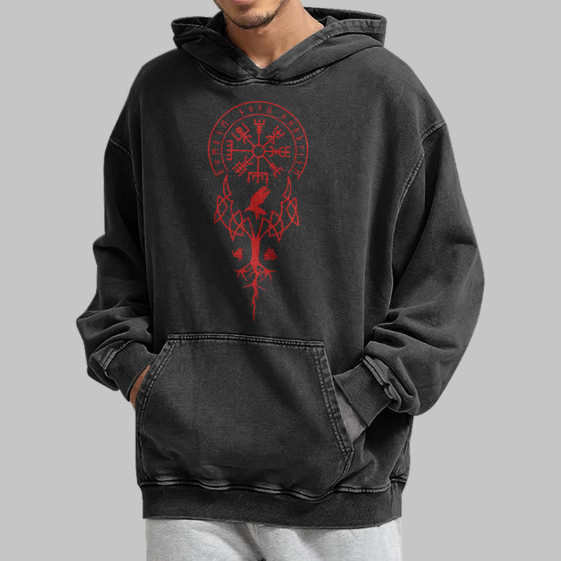 WorldNorse Yggdrasil Red Runes Viking Washed Hoodie