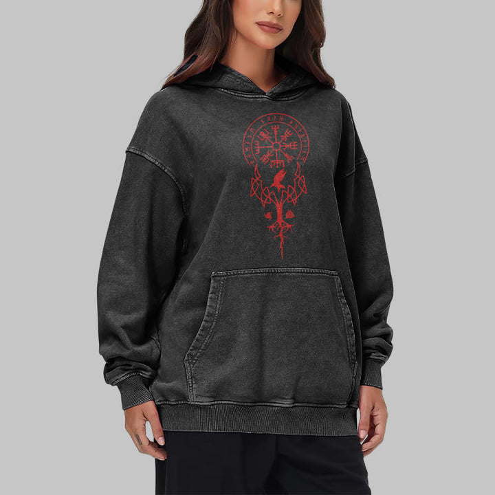 WorldNorse Yggdrasil Red Runes Viking Washed Hoodie