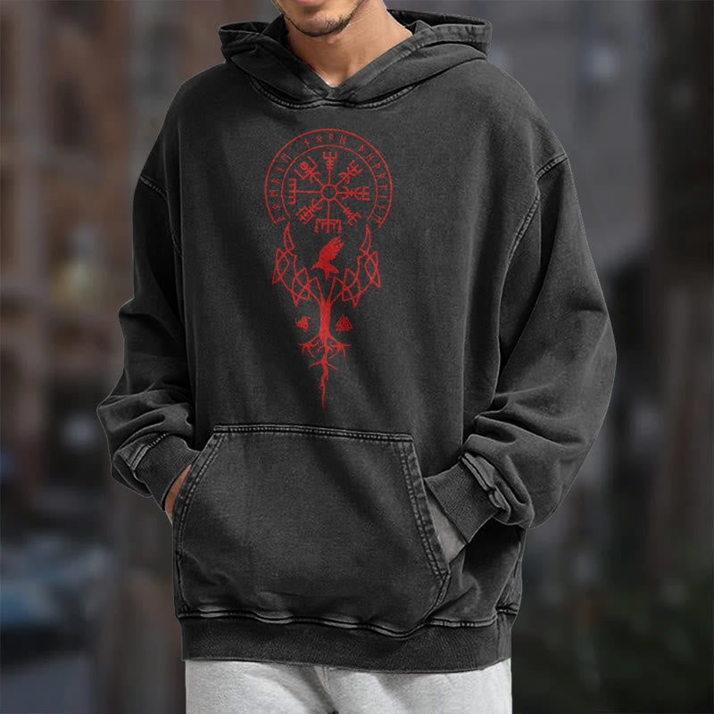 WorldNorse Yggdrasil Red Runes Viking Washed Hoodie