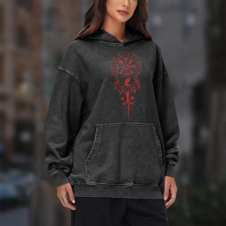 WorldNorse Yggdrasil Red Runes Viking Washed Hoodie