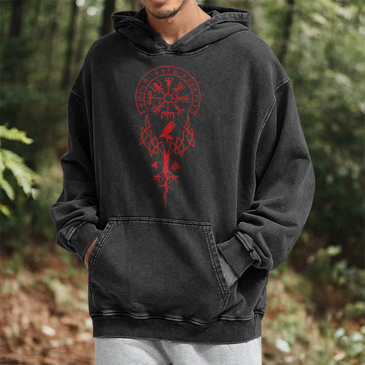 WorldNorse Yggdrasil Red Runes Viking Washed Hoodie