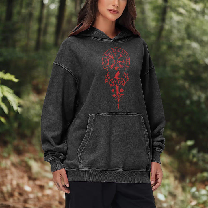 WorldNorse Yggdrasil Red Runes Viking Washed Hoodie