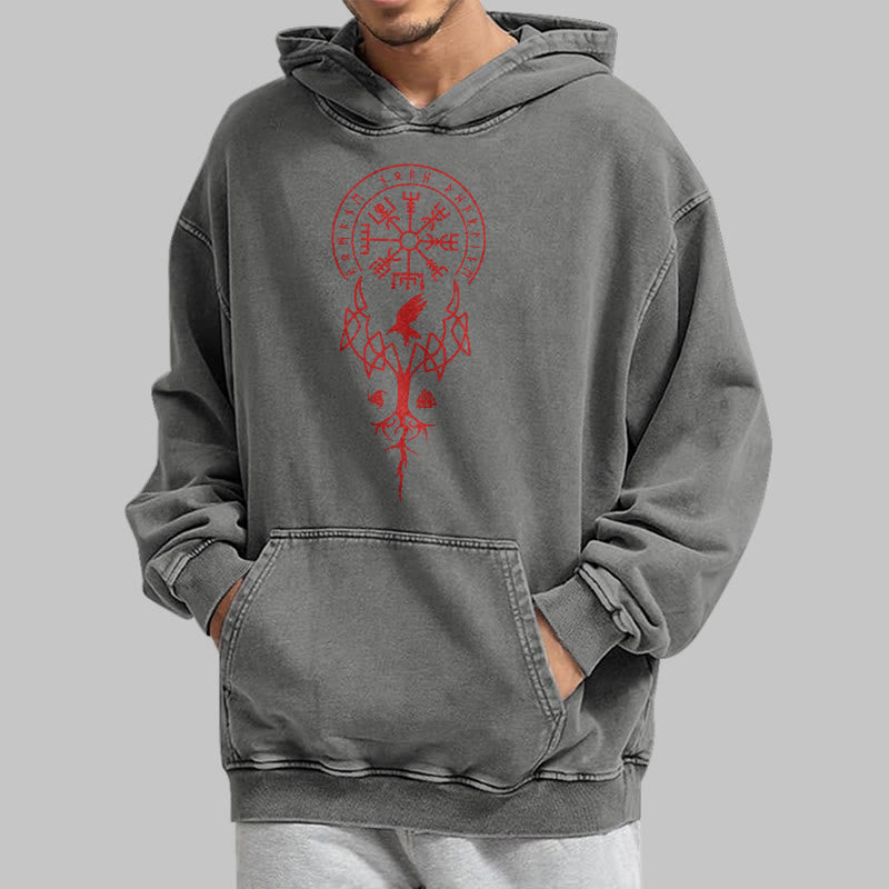 WorldNorse Yggdrasil Red Runes Viking Washed Hoodie