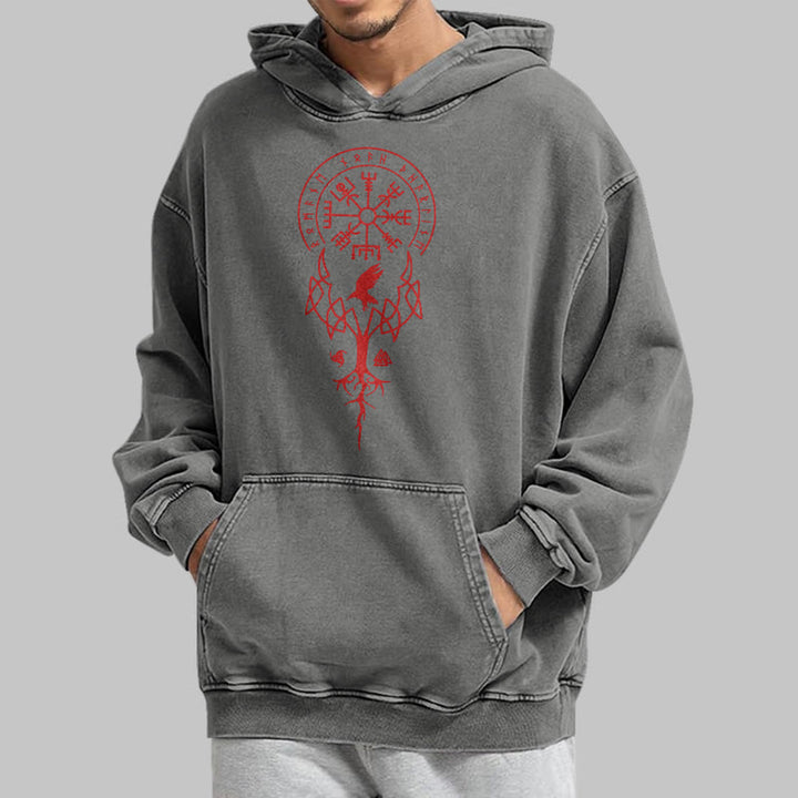 WorldNorse Yggdrasil Red Runes Viking Washed Hoodie