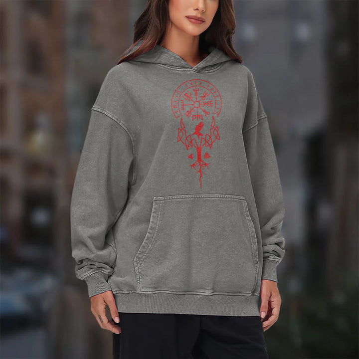 WorldNorse Yggdrasil Red Runes Viking Washed Hoodie