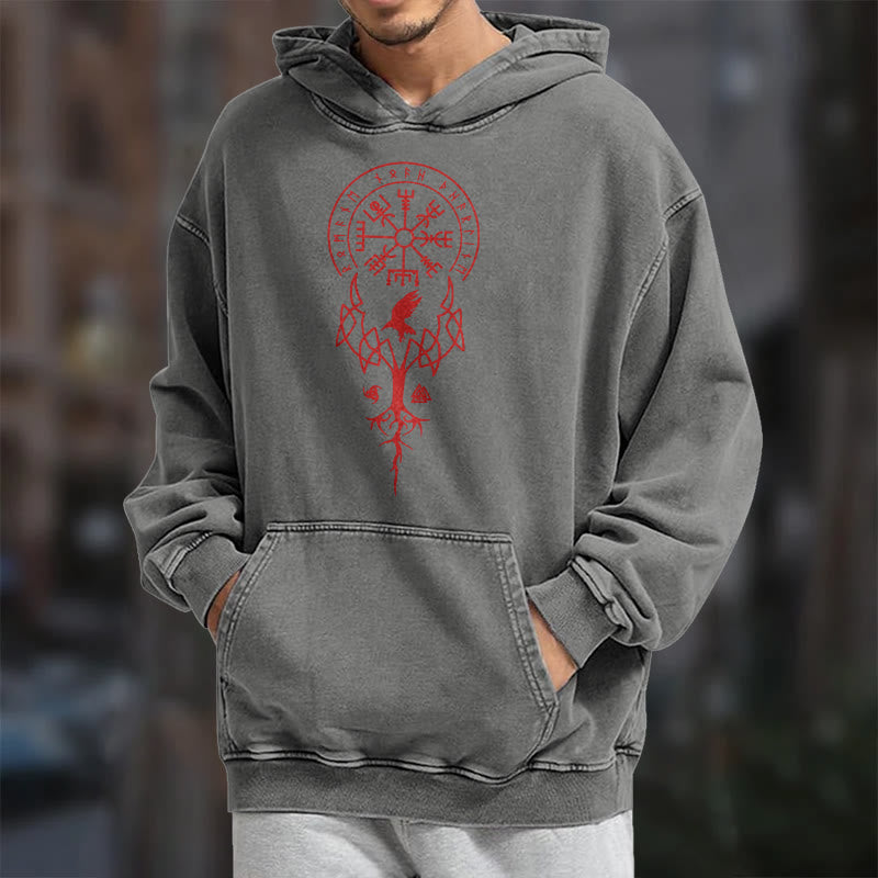 WorldNorse Yggdrasil Red Runes Viking Washed Hoodie