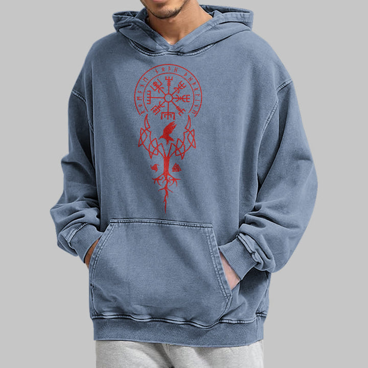 WorldNorse Yggdrasil Red Runes Viking Washed Hoodie