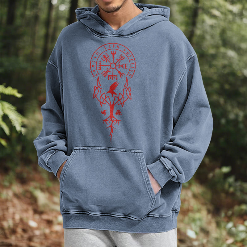 WorldNorse Yggdrasil Red Runes Viking Washed Hoodie