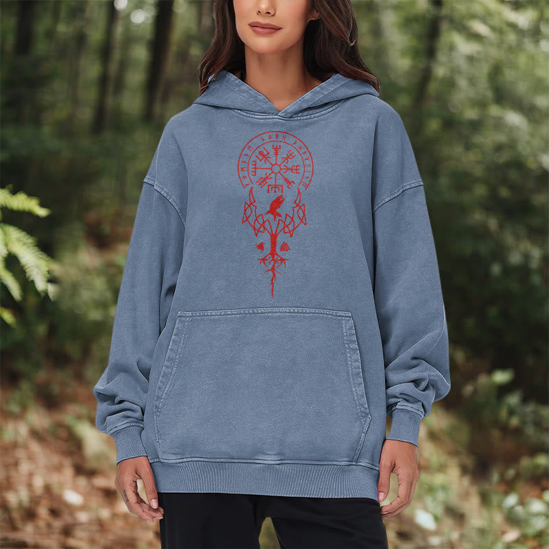 WorldNorse Yggdrasil Red Runes Viking Washed Hoodie