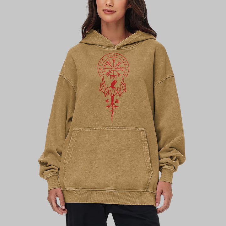 WorldNorse Yggdrasil Red Runes Viking Washed Hoodie