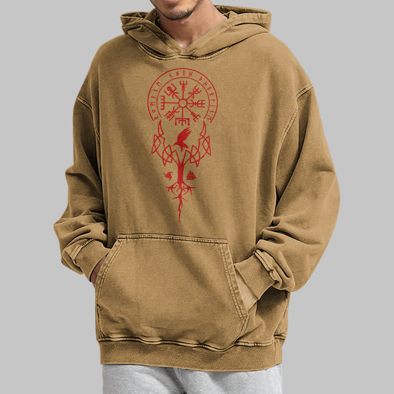 WorldNorse Yggdrasil Red Runes Viking Washed Hoodie