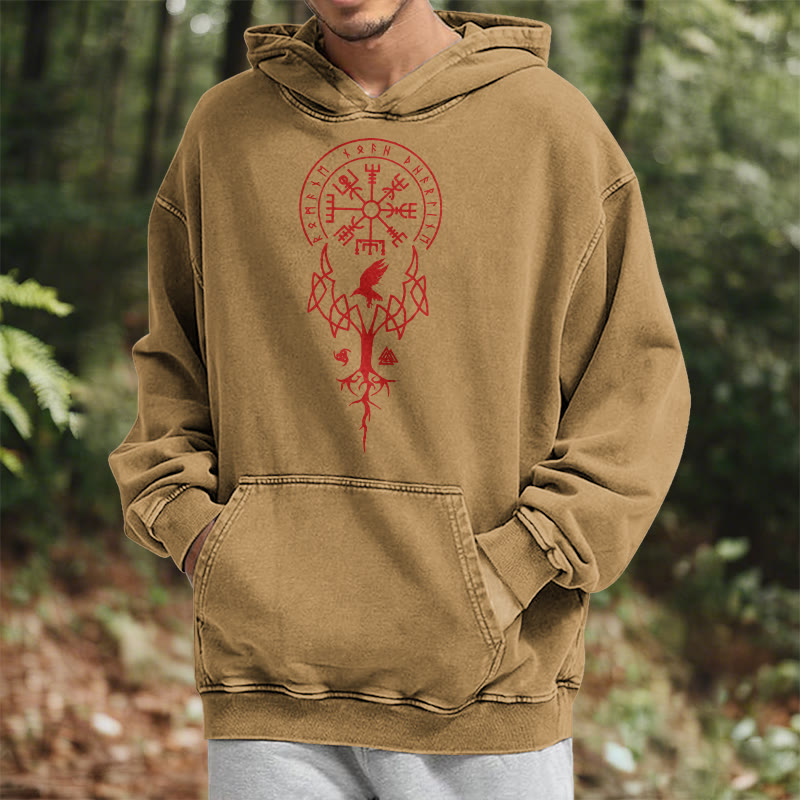 WorldNorse Yggdrasil Red Runes Viking Washed Hoodie