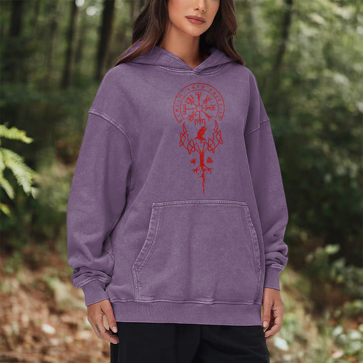 WorldNorse Yggdrasil Red Runes Viking Washed Hoodie