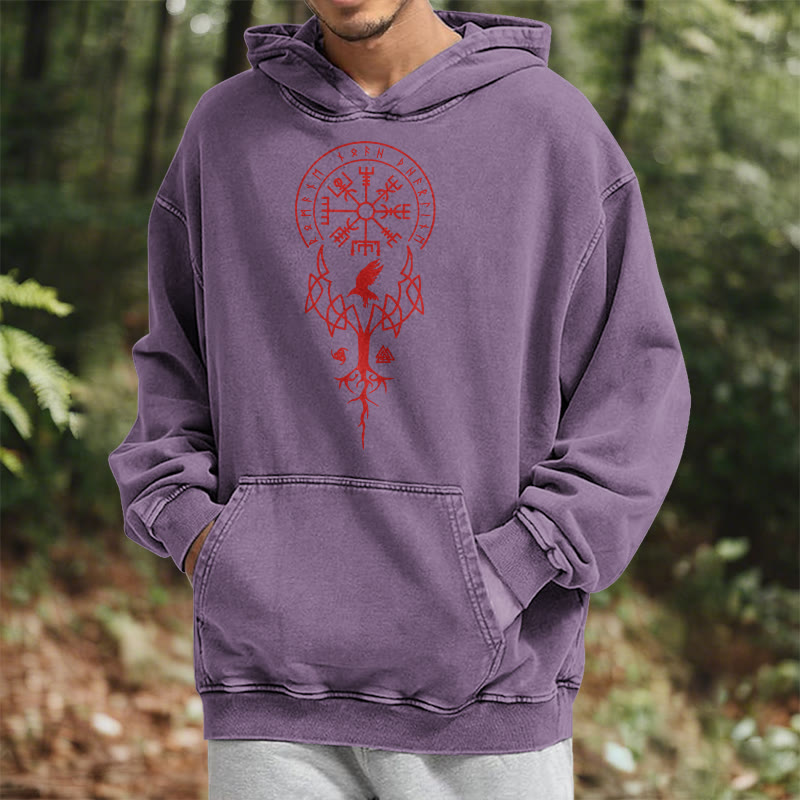 WorldNorse Yggdrasil Red Runes Viking Washed Hoodie