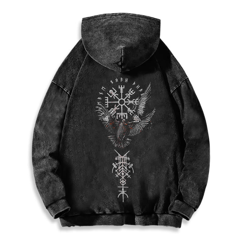 WorldNorse Viking Symbol Raven Vegvisir Washed Hoodie