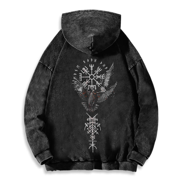 WorldNorse Viking Symbol Raven Vegvisir Washed Hoodie