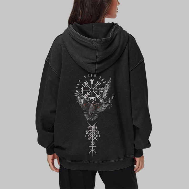 WorldNorse Viking Symbol Raven Vegvisir Washed Hoodie