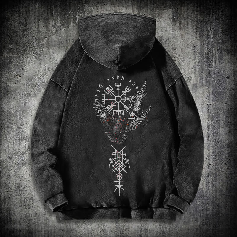 WorldNorse Viking Symbol Raven Vegvisir Washed Hoodie - Black - 3XL - image 1
