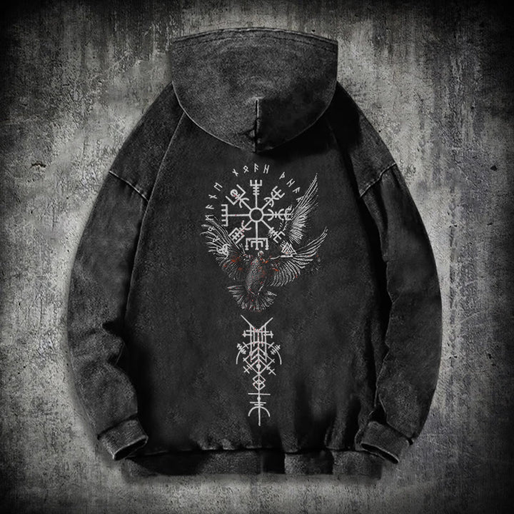 WorldNorse Viking Symbol Raven Vegvisir Washed Hoodie - Black - 3XL - image 1