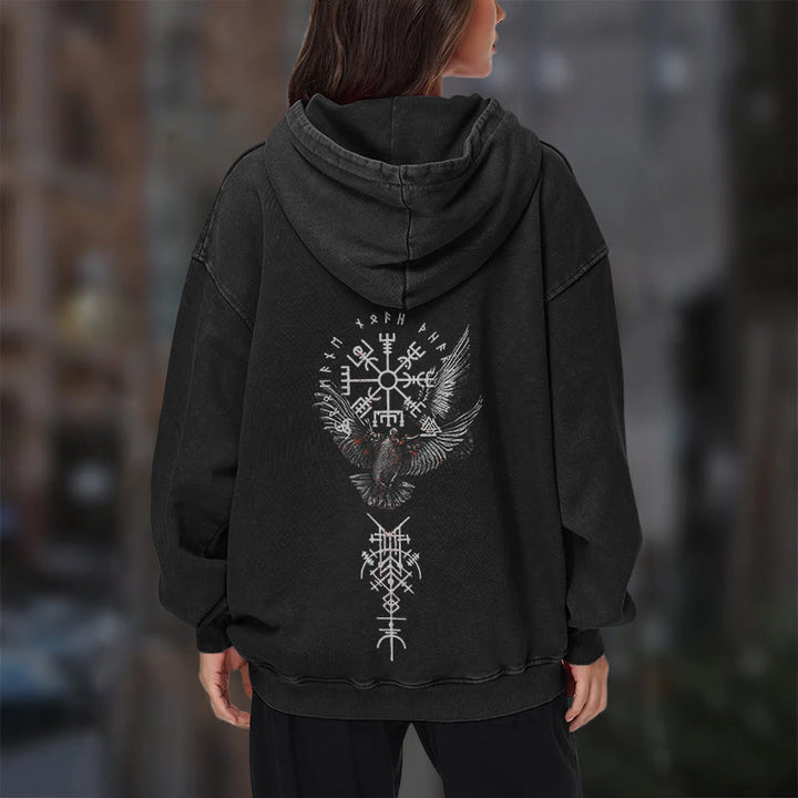 WorldNorse Viking Symbol Raven Vegvisir Washed Hoodie