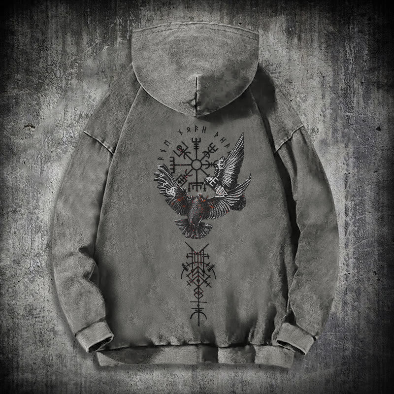 WorldNorse Viking Symbol Raven Vegvisir Washed Hoodie - Grey - 3XL - image 13
