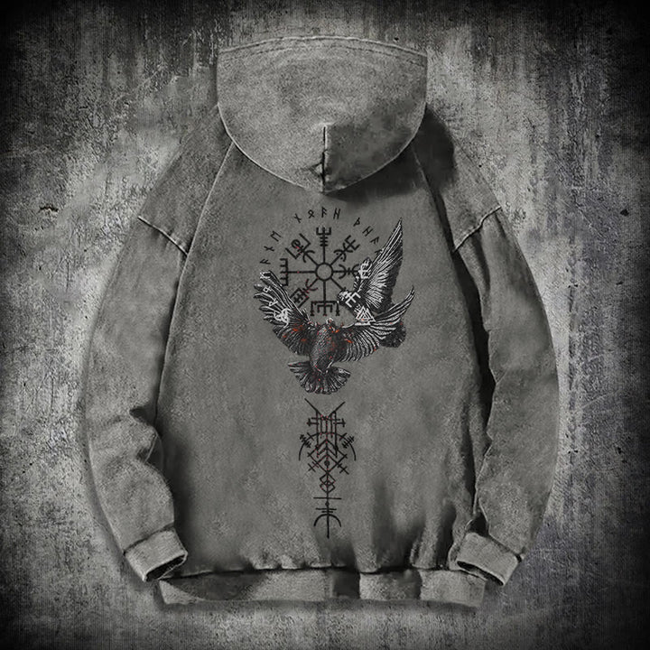 WorldNorse Viking Symbol Raven Vegvisir Washed Hoodie - Grey - 3XL - image 13