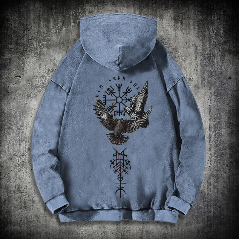 WorldNorse Viking Symbol Raven Vegvisir Washed Hoodie - Blue - 3XL - image 19