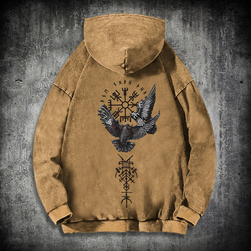 WorldNorse Viking Symbol Raven Vegvisir Washed Hoodie